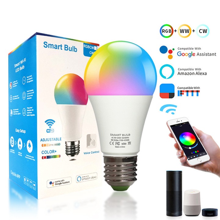 Крушка Alexa, интелигентна крушка, WiFi/Bluetooth, E27, 9W, RGB, съвместима с Alexa и Google Home