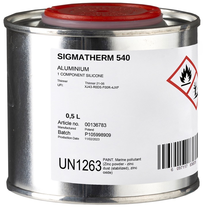 Vopsea termorezistenta, Sigmatherm, 540, Argintie, 0.5 l, Siliconica, Pentru metal, Externa, Semi-mat, Rezistenta pana la 600°c, Acoperire 18 m², Timp de uscare 3 zile, Necesita pregatirea suprafetei