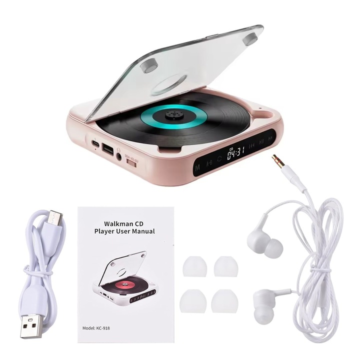Többfunkciós hordozható CD lejátszó, Axroad Mall, Bluetooth zenelejátszó porálló burkolattal, 1200 mAh akkumulátor, LED érintőképernyővel, ütésálló mód, FM rádió, beépített HiFi hangszórók, rózsaszín