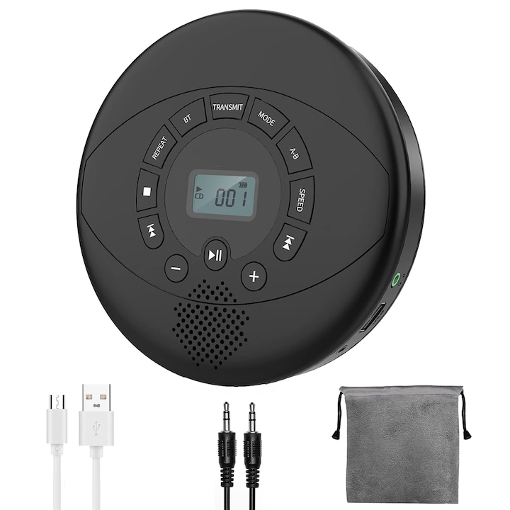 Többfunkciós hordozható CD-lejátszó, Axroad Mall, MP3 Walkman autóhoz, otthonhoz, utazáshoz, Bluetooth zenelejátszó beépített HiFi hangszórókkal, Újratölthető akkumulátor, Csúszás- és ütésálló, Több hangforrás lejátszási formátumának támogatása, Fekete