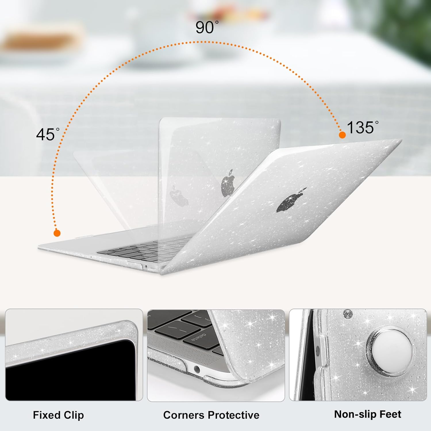 Carcasa Glitter Hard Shell pentru MacBook Air 13.6 (2022–2026) M Series (M5/M4/M3/M2) (A3449/A3240/A3113/A2681), Husa & Protectie MacBook, Transparent