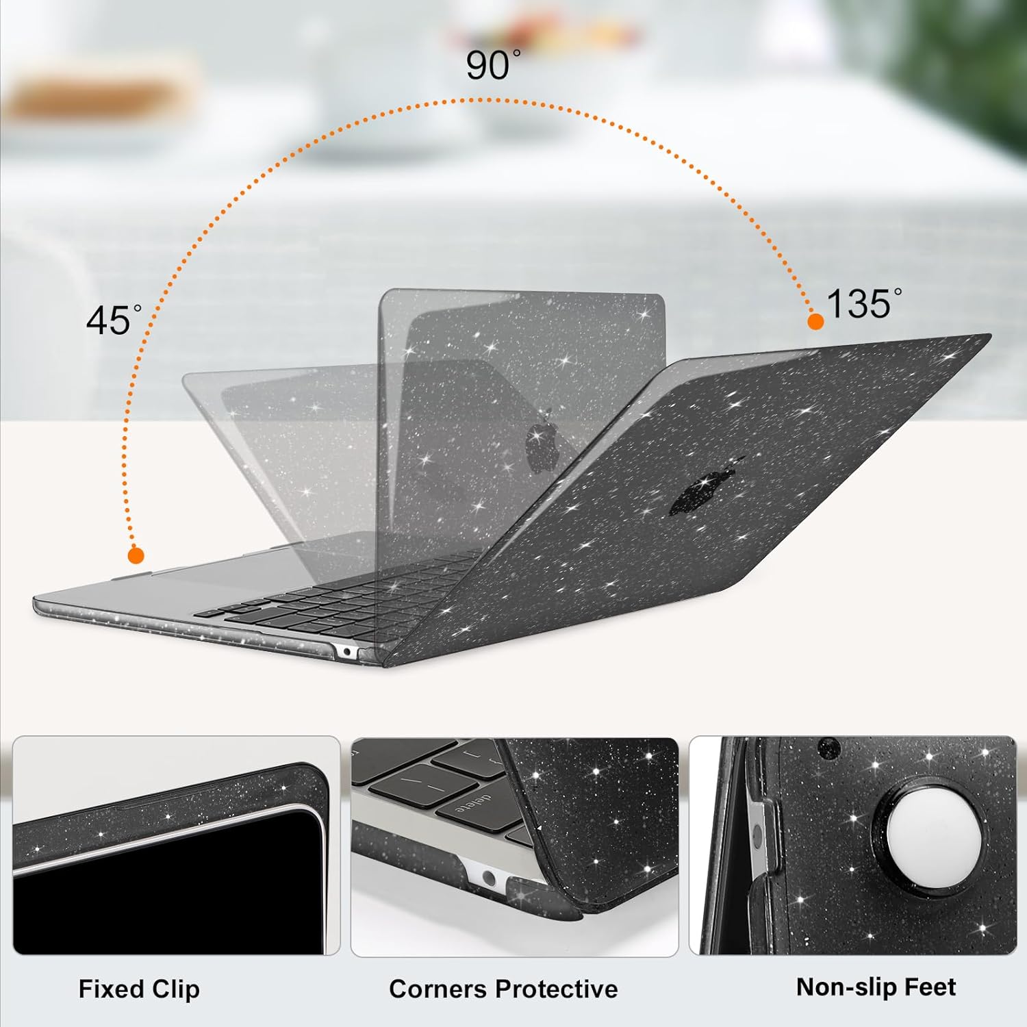 Carcasa Glitter Hard Shell pentru MacBook Air 13.6 (2022–2026) M Series (M5/M4/M3/M2) (A3449/A3240/A3113/A2681), Husa & Protectie MacBook, Negru transparent