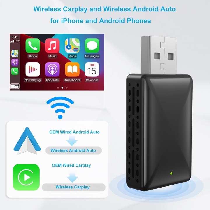 Безжичен адаптер CarPlay & Android Auto 2-in-1, Wurdan, Съвместим с Apple iOS 10+ и Android 11+, Автоматична връзка, 5GHz WiFi, Bluetooth връзка, Стабилно предаване, Гласов контрол, 5GHz WiFi, Лесна настройка Plug-and-Play, Черен