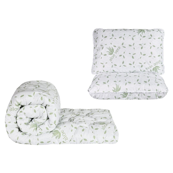 Set pilota matlasata 2 persoane 200x220 cm si 2 perne 50x70 cm Somnart Aloe Vera umplutura 250 g/mp puf siliconizat antialergic, invelis microfibra, nivel mediu de caldura