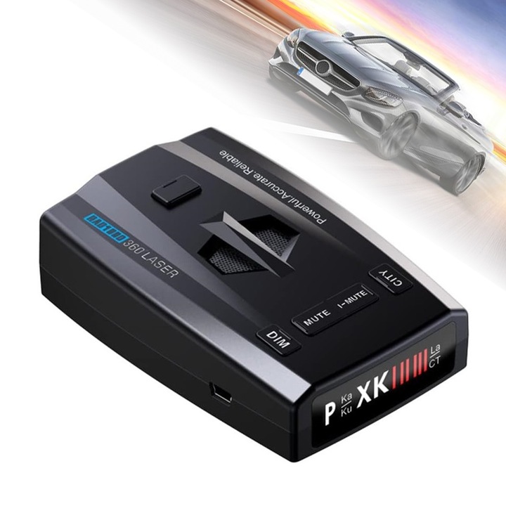Rad1000 радар детектор, Kesment, 4 режима, 800-1200 м предупреждение за разстояние, открива нови радари и нови фиксирани камери за поставяне, 360 градусово откриване, черен