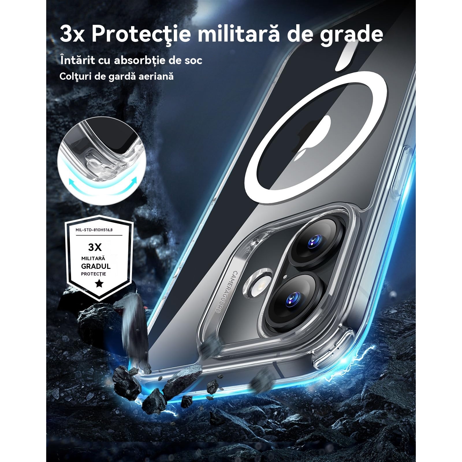 Husa de Protectie, MagSafe, Compatibila cu Apple iPhone 16, Anticadere, Anti-coliziune pe patru laturi si absorbtie a socurilor, transparent