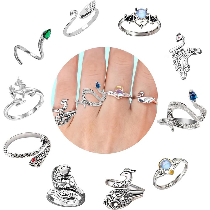 Set 10 inele crosetat, PsAyl®, Ajustabile, Potrivit pentru femei, mame, bunici cadou, Argintiu