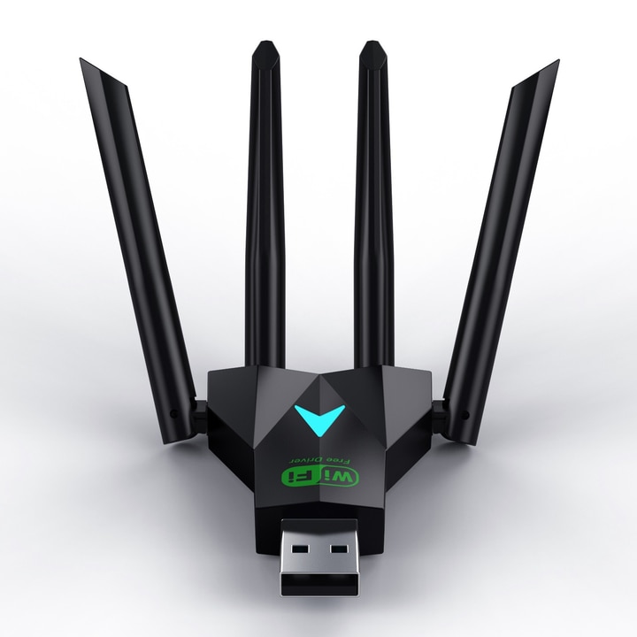 WiFi гигабитов безжичен адаптер, усилвател на безжичен сигнал, разширител на обхвата, двулентов 2.4G/5G, WiFi мрежа 1300M, трансфер 1300MBs, 4 антени, USB 3.0, без драйвер, черен