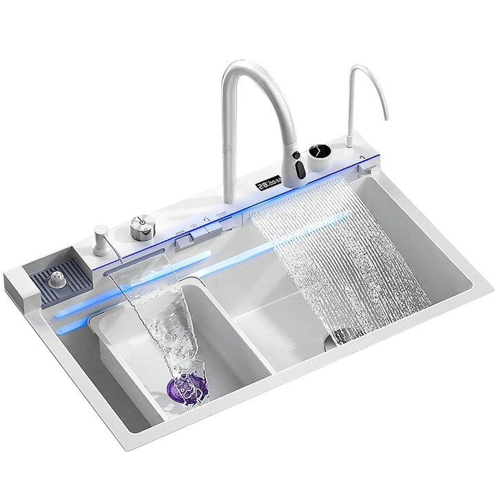 Chiuveta Multifunctionala BisDesign® pentru Bucatarie, Toate Accesoriile incluse, Dus Extractabil, Tocator ABS, Material Antiaderent, Afisaj LCD pentru Temperatura Apei, Doua Functii Cascada, Finisaj Alb, Dimensiune 75x46 cm