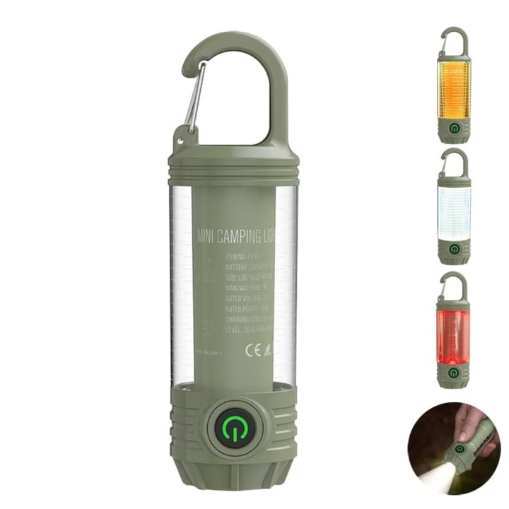 LED фенер за къмпинг/туризъм, преносим, зарежда се през USB кабел, 6 режима на светене, водоустойчив, максимално разстояние на осветяване 100 м, зелен
