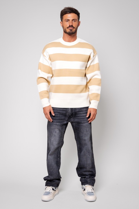 Csíkos gyapjú keverék pulóver, törtfehér/bézs 14267, Fehér/Bézs
