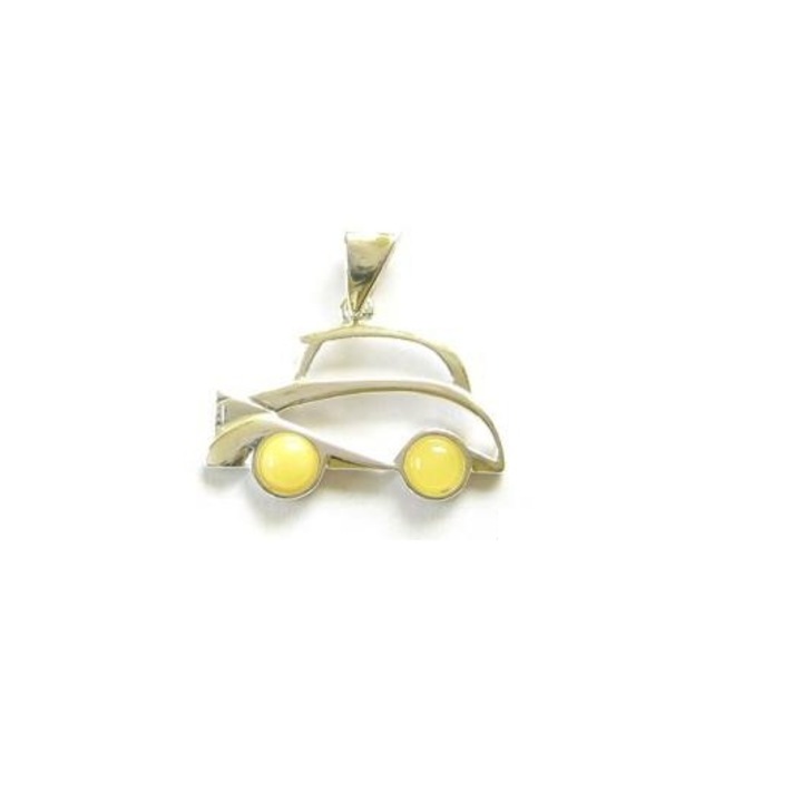 Pandantiv din argint cu chihlimbar de culoare galben, model masinuta, lungime 2 cm