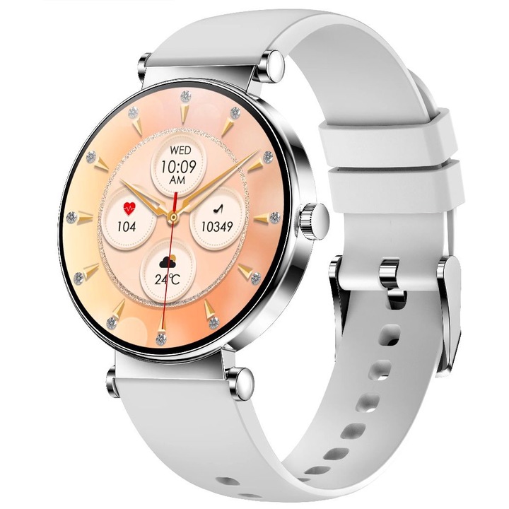 Y16 златен луксозен смарт часовник за жени - 1,32" AMOLED екран, Bluetooth разговори, ултра тънък дизайн, елегантна сива каишка