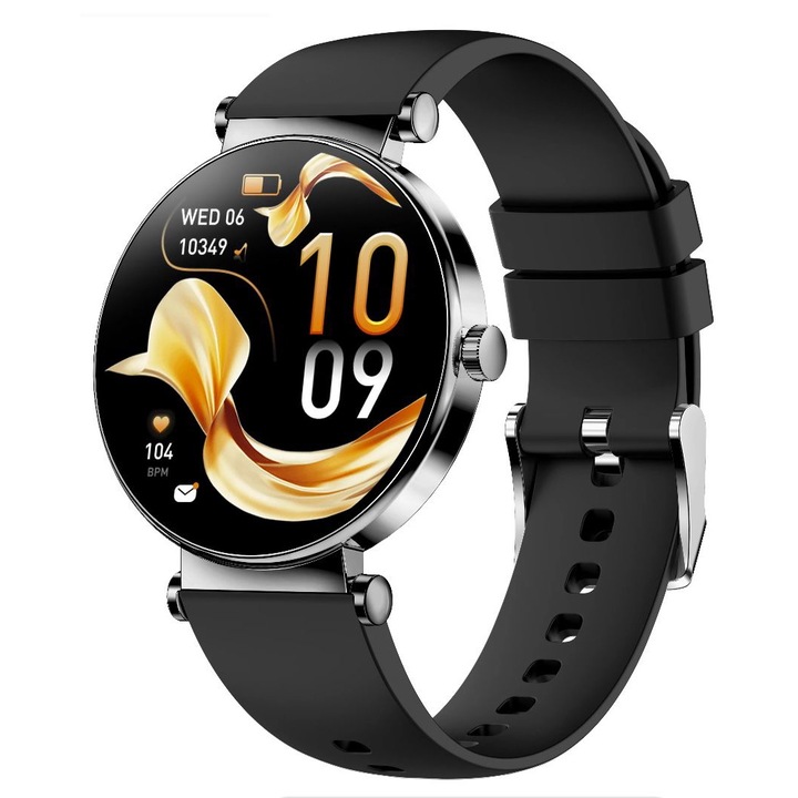 Y16 златен луксозен смарт часовник за жени - 1,32" AMOLED екран, Bluetooth разговори, ултра тънък дизайн, елегантна черна каишка