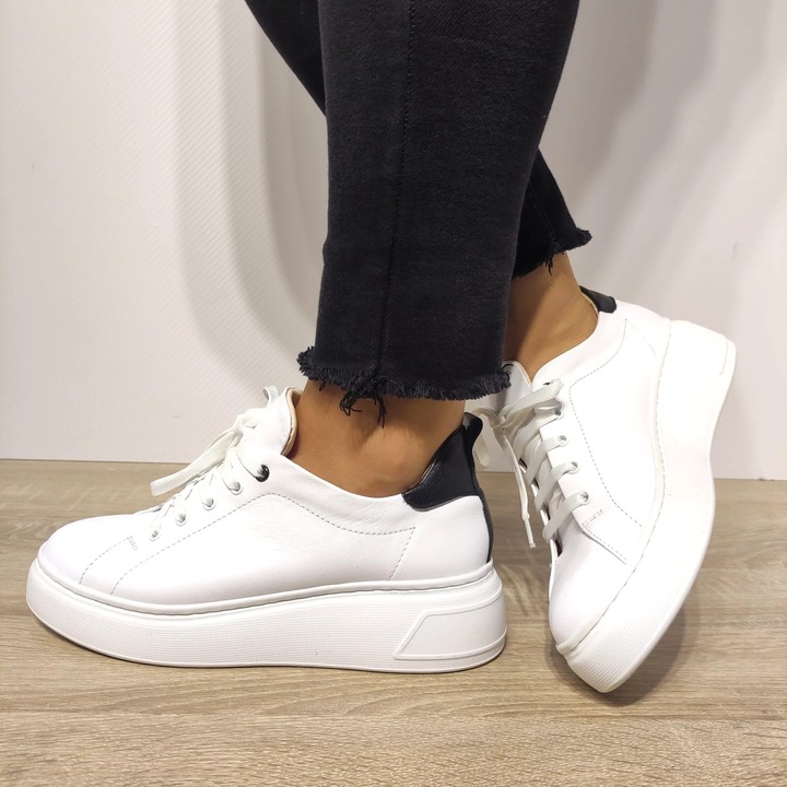 Pantofi Casual Dama Perlla 3164-4 Albi + Negru - Alb + Negru, Alb/Negru