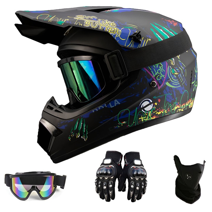 DECHO motocross sisak, 4 részes készlet, fekete-kék, L (59-60 cm)