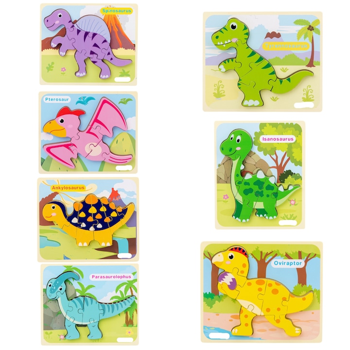 Интерактивен пъзел, 7 динозавъра, образователен, за деца 2+, дървен, многоцветен