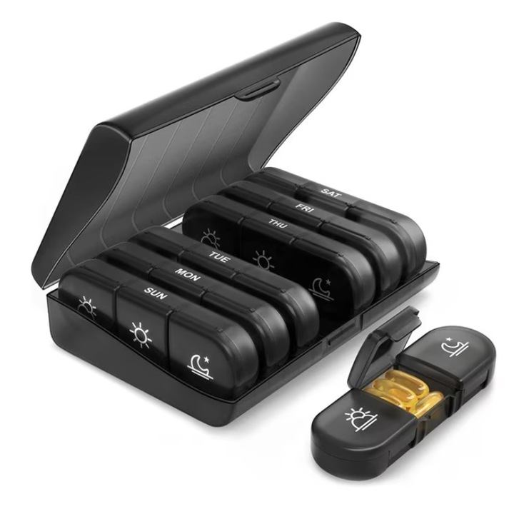 Cutie de pastile, 7 compartimente, recipiente detasabile, 15.6x12x4.6cm, negru