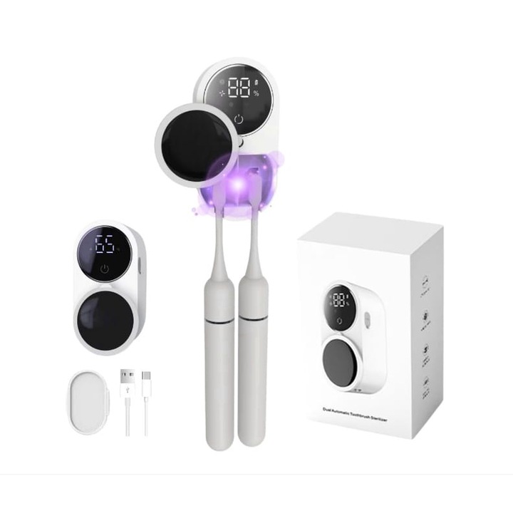 Sterilizator UV Portabil pentru 2 Periute de Dinti, Eficienta Dezinfectare 99.99%, Suport Periute Dinti Inteligent cu Functie de Uscare, Senzor Deschidere-Inchidere automata, Dezinfectare Continua 24/7, Display HD, Alb