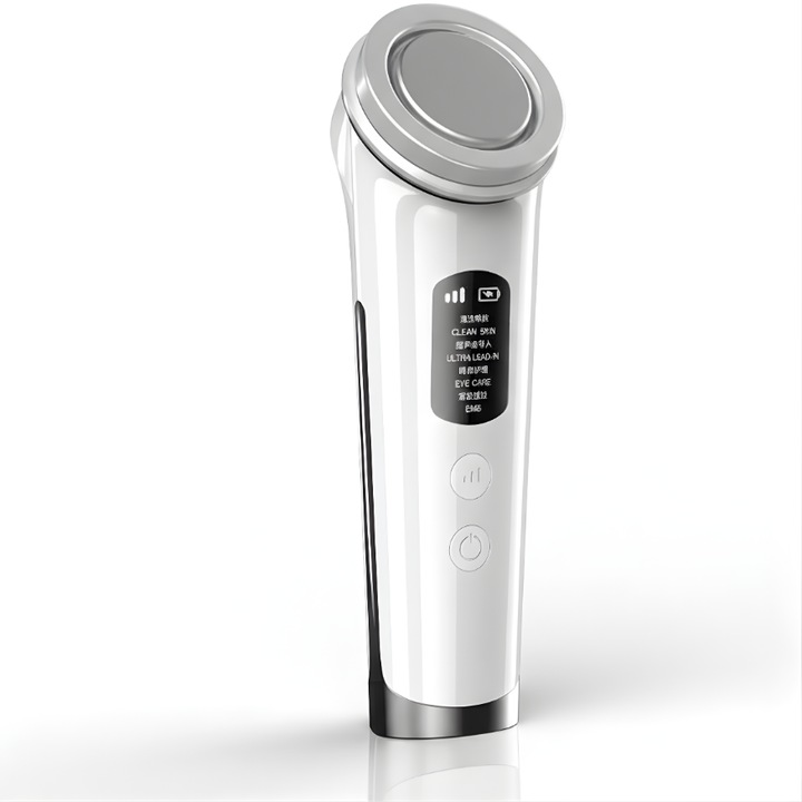Dispozitiv De Frumusete Ultrasonic, Klevero®, Aparat Facial Electric cu 5 Functii Pentru Ingrijirea Tenului, Terapie cu Lumina LED, EMS si Ionizare, Masaj Facial pentru Curatare si Rejuvenare, Portabil si Reincarcabil, Design Modern si Compact, Alb