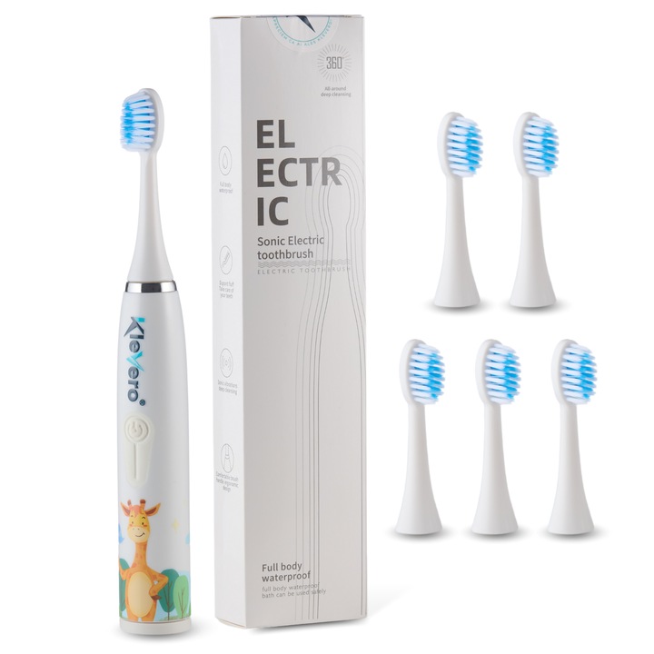 Periuta De Dinti Electrica Pentru Copii, Klevero®, Design Cu Girafa si Peri Moi, Rezistenta La Apa IPX7, Temporizator Inteligent 2 Minute, 5 Capete De Rezerva Incluse, Periuta Electrica Copii Cu Design Atractiv si Sigur Pentru Utilizare Zilnica, Alba