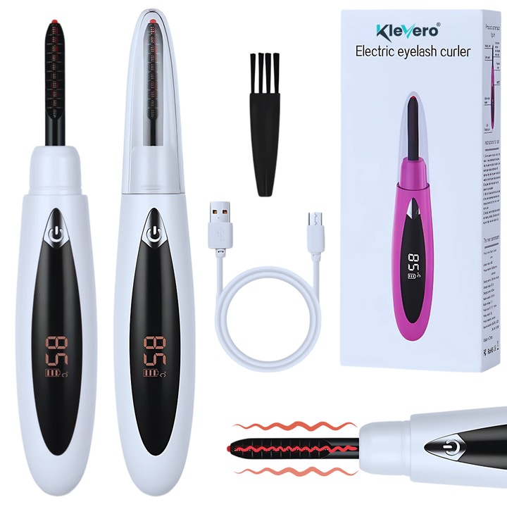 Aparat Electric Pentru Ondularea Genelor, Klevero®, Ondulator Gene Reincarcabil USB cu 3 Setari de Temperatura si Afisaj LED, Aparat Portabil si Usor de Utilizat, Design Elegant si Compact Pentru Machiaj Profesional si Ingrijirea Ochilor, Culoare Alb