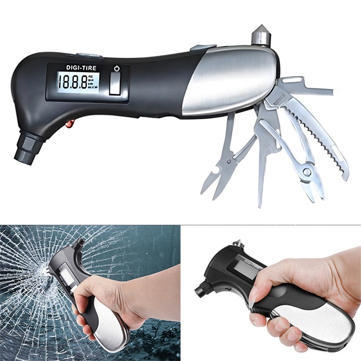 Kit multifunctional pentru urgente auto, sunvo, manometru digital, ciocan de siguranta, lanterna, ABS, portabil