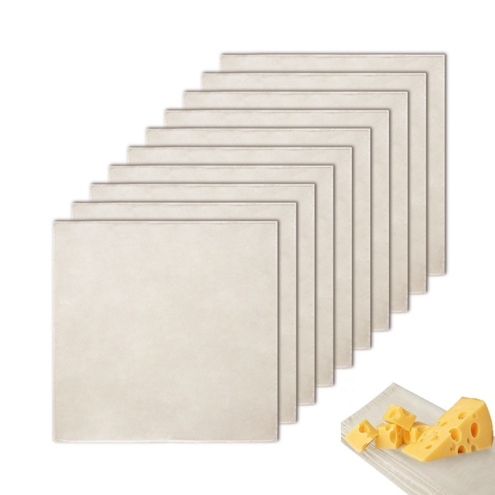 Set 10 Strecuratori Alimente Lichide, BOMSTOM, Bumbac nealbit, Rezistenta de lunga durata, Lavabil si reutilizabil, Pentru Strecurare Lapte Vegetal sau Sucuri de Fructe si Legume, 50x50cm, Alb