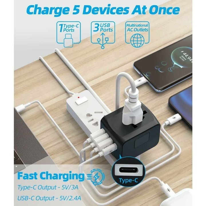 Adaptor de calatorie universal cu USB tip C si 3 porturi, alb, 6.7x5x5.2cm