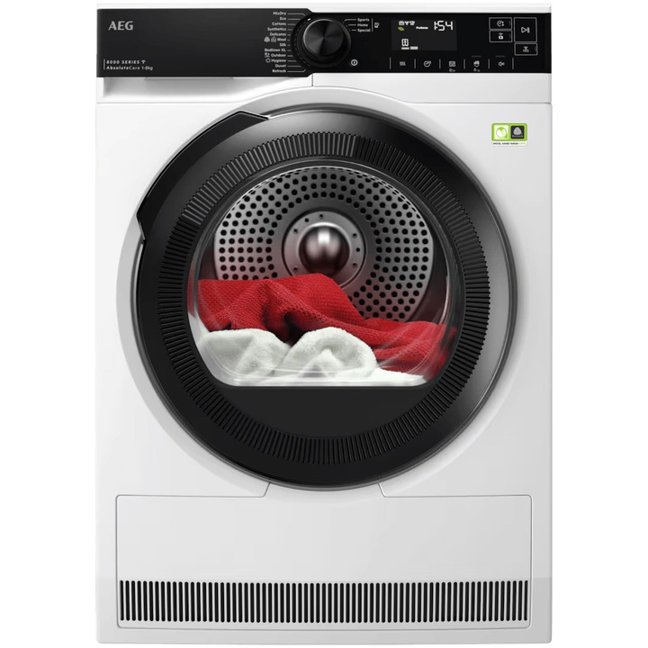 Uscator de rufe AEG TR8384CE, Pompa de caldura, 8 kg, Clasa energie A+++, Motor Inverter, Wi-Fi, Tehnologie AbsoluteCare+Sensidry, Alb