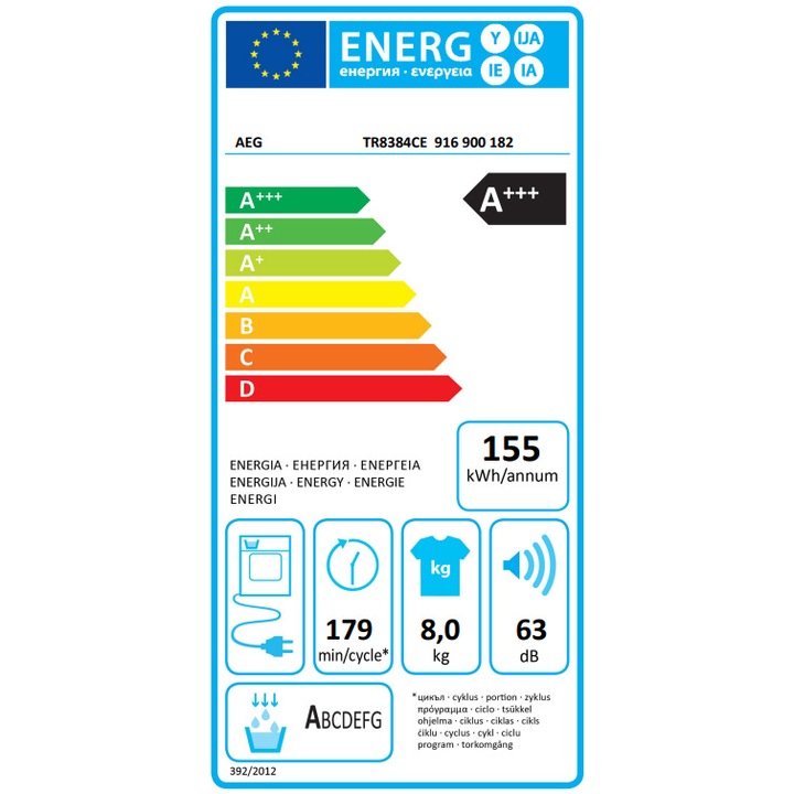 Uscator de rufe AEG TR8384CE, Pompa de caldura, 8 kg, Clasa energie A+++, Motor Inverter, Wi-Fi, Tehnologie AbsoluteCare+Sensidry, Alb