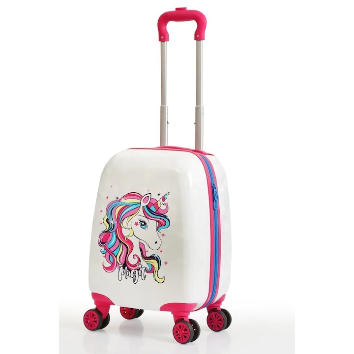 Troler pentru Copii Bezubi Junior, Model Unicorn Alb, Bagaj de Cabina pentru orice companie aeriana, 32 x 26 x 46 cm, 38 Litri, Roti Cauciucate si Maner Telescopic Reglabil, alb sidefat