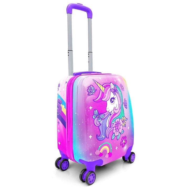 Детска куфар Bezubi Junior, Pink Unicorn Model, ръчен багаж за всяка авиокомпания, 32 x 26 x 46 см, 38 литра, гумени колела и регулируема телескопична дръжка, пастелно розово