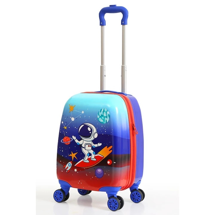 Troler pentru Copii Bezubi Junior, Model Astronaut, Bagaj de Cabina pentru orice companie aeriana, 32 x 26 x 46 cm, 38 Litri, Roti Cauciucate si Maner Telescopic Reglabil, Albastru