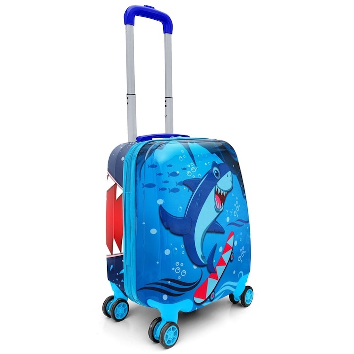 Troler pentru Copii Bezubi Junior, Model Shark, Bagaj de Cabina pentru orice companie aeriana, 32 x 26 x 46 cm, 38 Litri, Roti Cauciucate si Maner Telescopic Reglabil, Albastru Marin