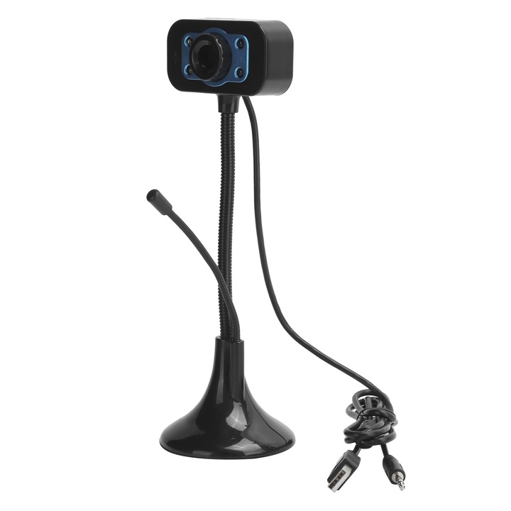 USB webkamera, 640x480 pixel, kézi fókusz, külső mikrofon, 1,1 m-es kábel