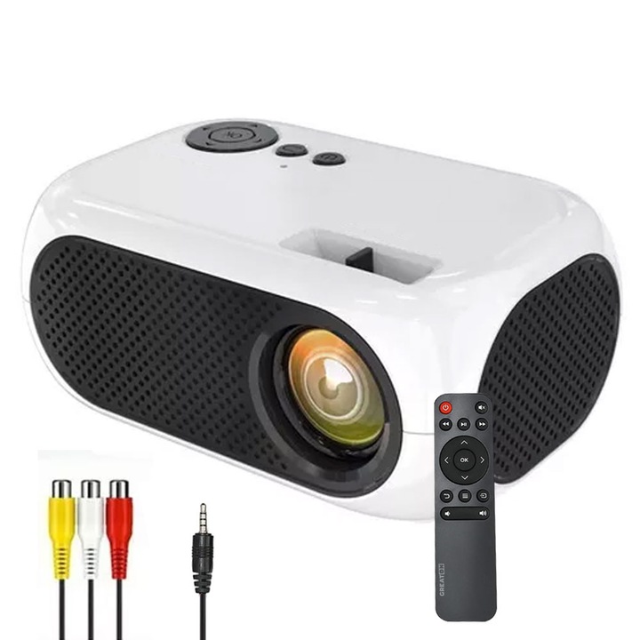 Mini Proiector Portabil GREATON, Portabil, LED, Full Color, Super HD 1080P, 1200 Lm, HDMI, USB, Compatibil Televizor, Laptop, Telefon, Control Din Telecomanda, Home Cinema, Alb