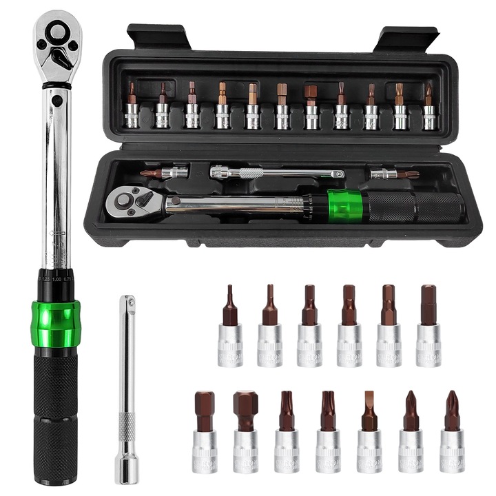 Set chei cu moment, Taipintee, 15 piese, tubulara, argintie, cu extensie