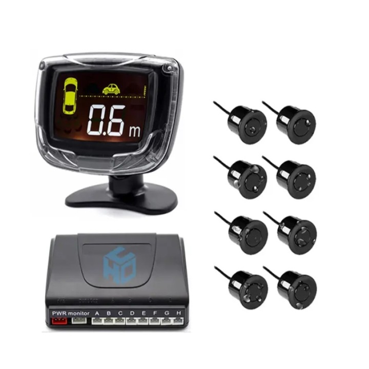 Senzor de parcare set, WALALLA, sistem radar de mers inapoi cu 8 radare, detectare distanta 0.3-2m, negru