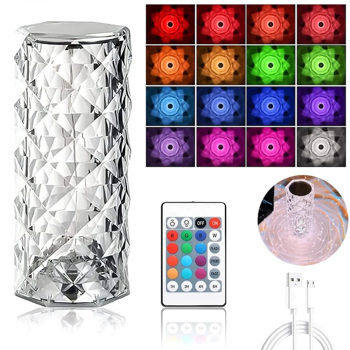Lampa Ambientala LED, cu Telecomanda, Control prin Atingere, 16 Moduri Iluminare, Cristal Acrilic, pentru Decor, Masa, Birou, Cablu USB Inclus, Transparent
