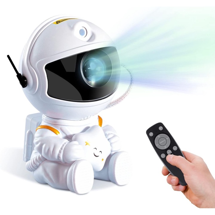 Proiector decorativ cu LED, lumina de veghe pentru copii, in forma de astronaut cu steluta in mana, 8 moduri de operare diferite, cap magnetic rotativ 360 grade, cu telecomanda, copii bebelusi parinti adulti, 12.5x8.5x8.5 cm, alb