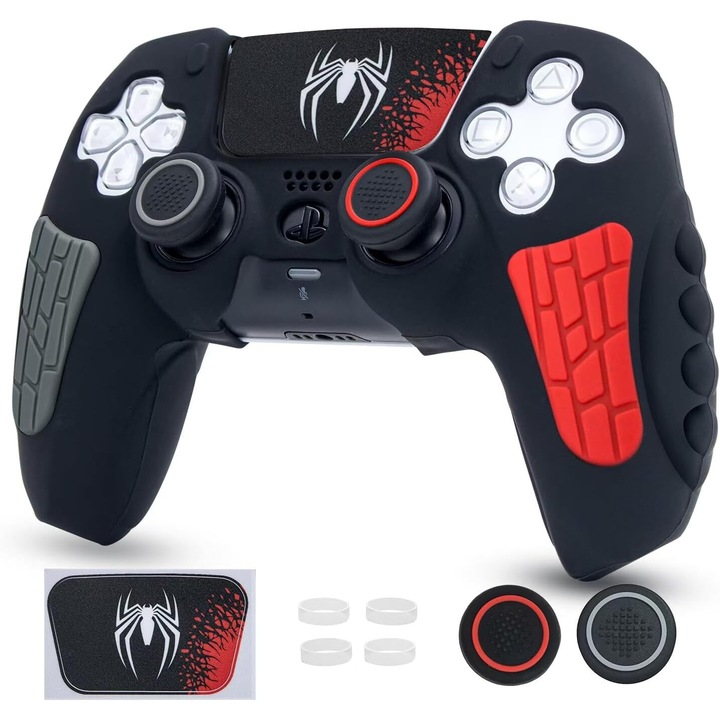 PS5 szilikon borítás, Spider-Man téma, csúszásgátló kialakítás, 2 joystick burkolat és 4 joystick védő készlet