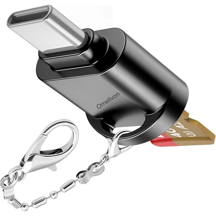 Cititor de carduri Micro SD, Omelivon®, USB-C, cititor de carduri TF, USB 3.0, suport OTG, cu breloc, negru