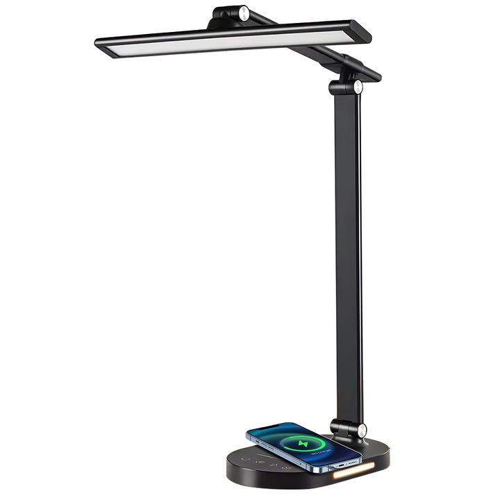 Lampa birou LED cu incarcare wireless, port USB, 5 moduri de culoare, neagra, 15.9 inch