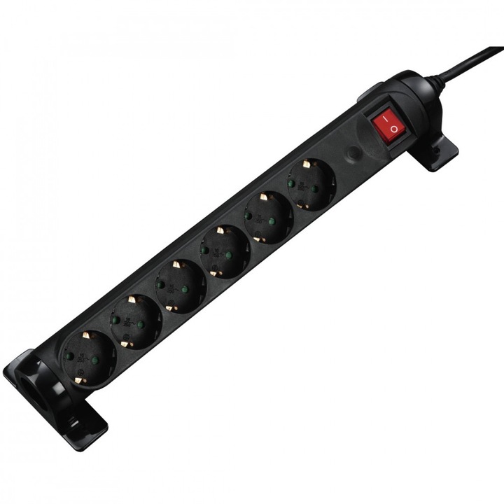 Въртящ се разклонител HAMA 137255, 6 гнезда, 1,4м, Бутон вкл/изкл, Черен