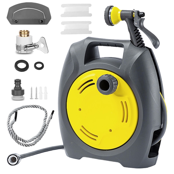 Furtun cu derulator, Taipintee, 12m, set cu duza de pulverizare si conector