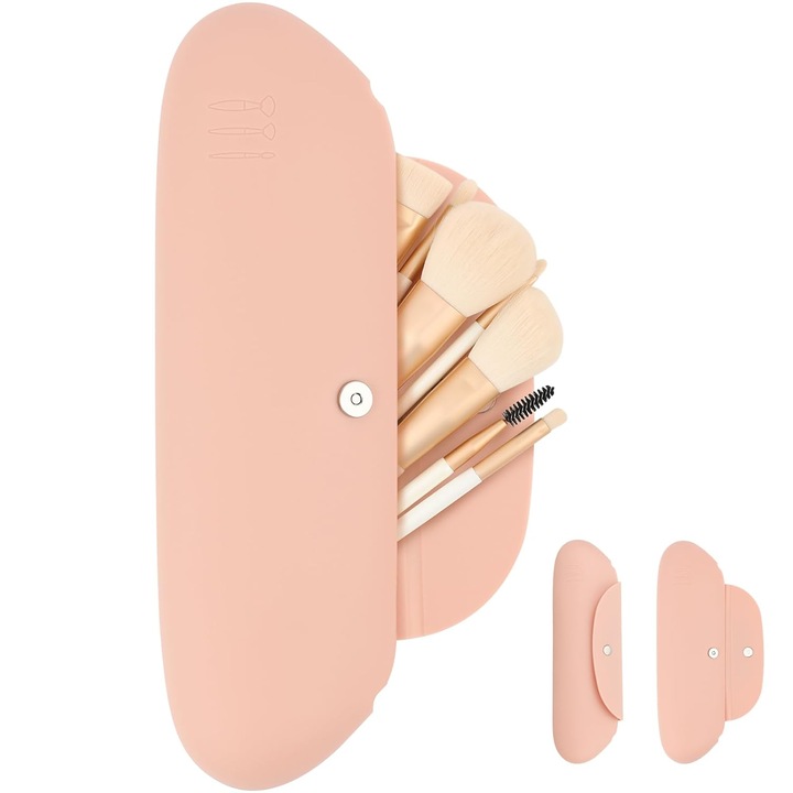 Suport pensule machiaj Sanvita, silicon, roz, design compact, impermeabil