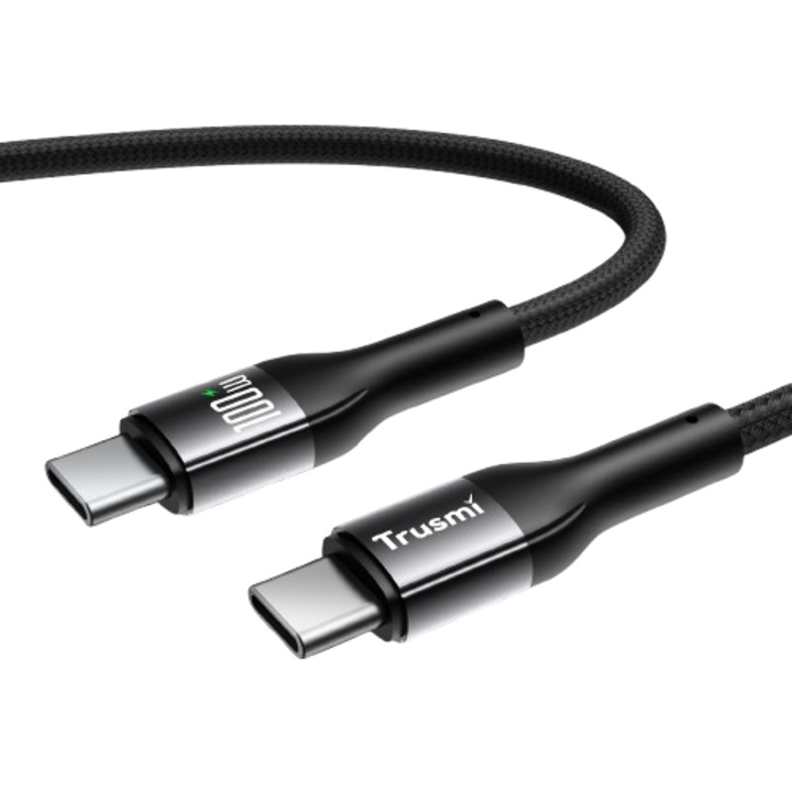 Cablu Date si Incarcare TRUSMI CA47-12 100W, USB-C la USB-C, Ultra Fast Charge cu Led, Transfer date pana la 480Mb/s, Multiple protectii, Compatibilitate universala, 1M, Negru