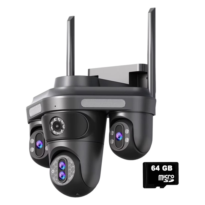 Camera de supraveghere cvadrupla WiFi DeVeghe Q20+ 20MP, Full HD, exterior, cu brate actionabile din aplicatie, zoom optic 10x, alarma, senzor de miscare, detectie miscare, notificari, microfon, difuzor, aplicatie FFvideo, Negru + Card de memorie 64GB