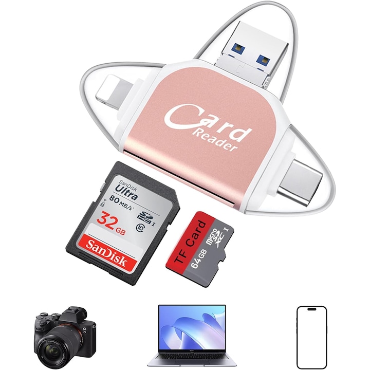 Multi-Port 5 in1 Universal SD TF Card Reader, Portable Memory, USB 3.0, Mufe Lighting/Type-C, Micro SD Si SD Card Reader, Adaptor compatibil pentru iPhone, MacBook Pro Mai multe dispozitive USB C, nu necesita aplicatie (aur roz)